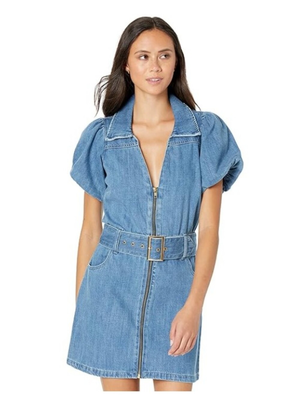 Show Me Your Mumu Oxford Denim Mini Dress Stormy Blue Belt Puff Sleeve Sz Medium